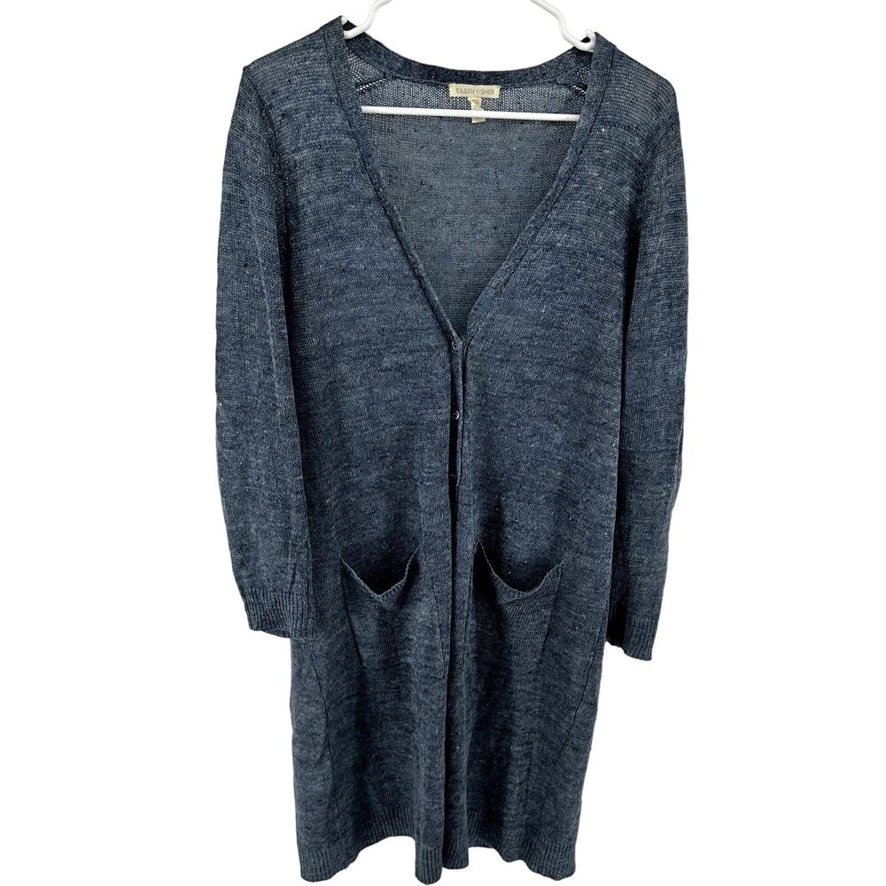 Eileen Fisher Organic Linen Cardigan Duster Sweater Pockets Button Blue Small
